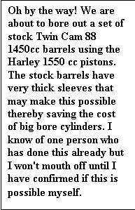 Text Box: Oh by the way! We are about to bore out a set of stock Twin Cam 88 1450cc barrels using the Harley 1550 cc pistons. The stock barrels have very thick sleeves that may make this possible thereby saving the cost of big bore cylinders. I know of one person who has done this already but I won't mouth off until I have confirmed if this is possible myself.